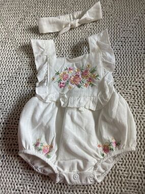Baby Girl Embroidered Bubble Romper 3M White Floral Boutique Outfit